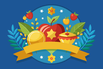 Fototapeta premium A sticker featuring apples, a pie, and a ribbon on a blue background
