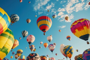 A vibrant scene of numerous hot air balloons of various colors and patterns floating in a clear blue sky, each adding to the picturesque vista typically seen at balloon festivals.
