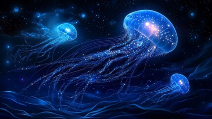 Naklejka premium luminous moon jellyfish floating in the deep ocean