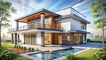 Fototapeta premium Architectural sketch of modern house building 3d illustration