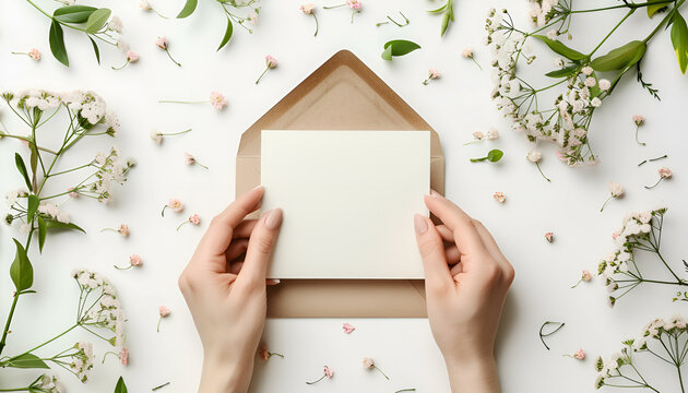 Woman's hands holding kraft envelope with blank wedding invitation card. Creative mock up layout on white background, top view, flat lay, overhead. Minimalistic woman's desk, flowers, greeting card