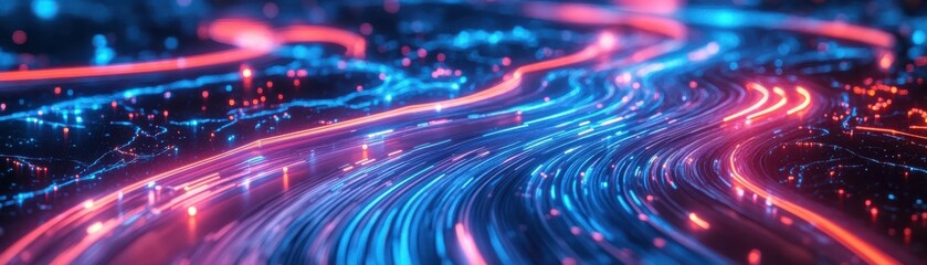 A mesmerizing display of vibrant neon lights flowing in abstract patterns, ideal for backgrounds and digital art projects.