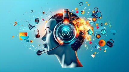 Head with headphones and digital objects