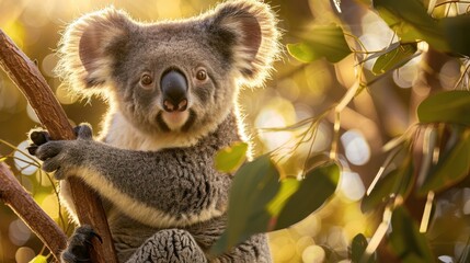 Fototapeta premium a koala in a tree, with its soft fur illuminated by the setting sun. Ideal for eco-tourism promotions and educational exhibits about Australian wildlife.