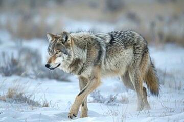 Naklejka premium Gray wolf surveys the icy tundra, its fur thick and protective against the harsh cold. The stark landscape highlights the wolf’s strength and adaptability in the wild.