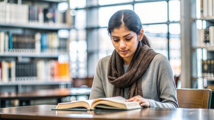 An Indian woman sitting at a library table, reading a book with a focused expression, surrounded by bookshelves.
