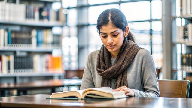 An Indian woman sitting at a library table, reading a book with a focused expression, surrounded by bookshelves.
 - Powered by Adobe