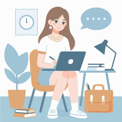 A woman sits at a desk, typing on a laptop while working on an assignment, a woman working on an assignment in front of a laptop