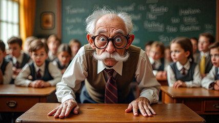 Funny Caricature of an Eccentric Elderly Teacher with Students in a Classroom.