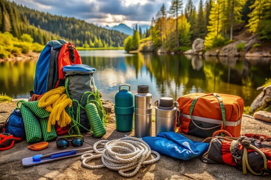 Neatly arranged outdoor adventure equipment including water bottles, storage containers, ropes, and clothing, organized on a surface for convenient accessibility and planning.