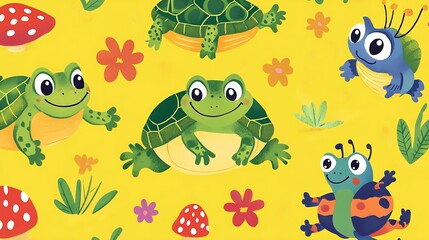 Fototapeta premium Cute cartoon animals on a yellow background with flowers and mushrooms.