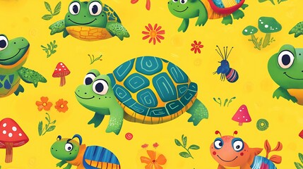 Seamless pattern of colorful cartoon turtles, flowers, and mushrooms on a yellow background.