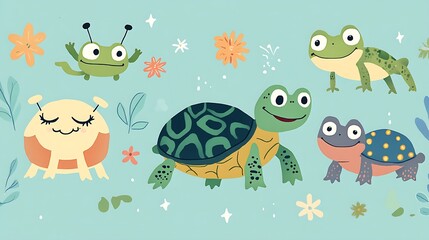 Obraz premium Cute cartoon animals like frogs and turtles in a whimsical setting.