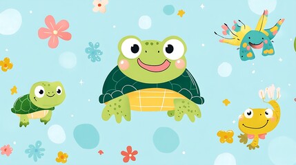 Cute cartoon turtles and a frog on a light blue background with flowers and dots.