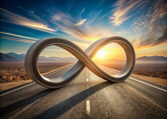 A stylized 3D symbol of infinity formed by a winding asphalt road that loops forever on a barren earth land background, depicting adventure and eternity.