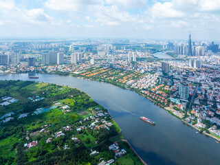 Panoramic view of Saigon, Vietnam from above at Ho Chi Minh City's central business district....