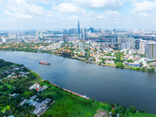 Panoramic view of Saigon, Vietnam from above at Ho Chi Minh City's central business district....