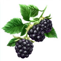 Fototapeta premium Two blackberries with green leaves on a white background.