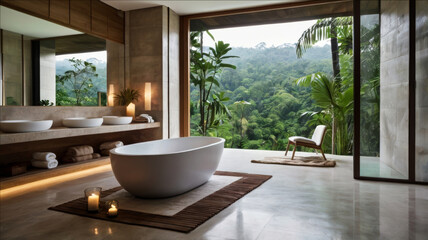 Fototapeta premium Spa resort tropical bathroom with open view of tropical forest. White ceramic bath with candles. Terrace to rainforest. Hotel and travel concept