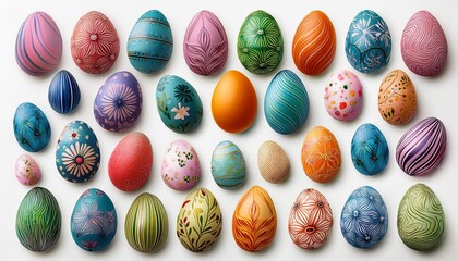 Collection of colourful hand painted decorated easter eggs on white background cutout file