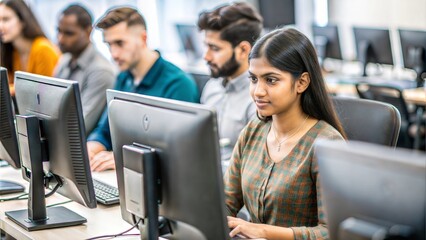 An Indian woman working on a computer in a university computer lab, with other students and computer equipment visible.
