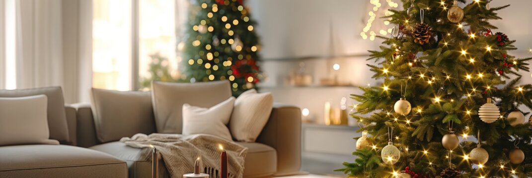 A beautifully decorated Christmas tree with glowing lights in a warmly lit, cozy living room, setting a festive holiday ambiance.