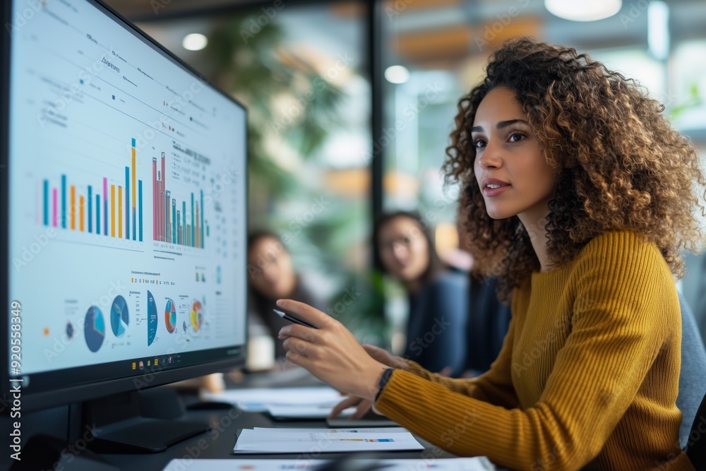 Wall mural A woman is pointing at a computer monitor displaying graphs and charts