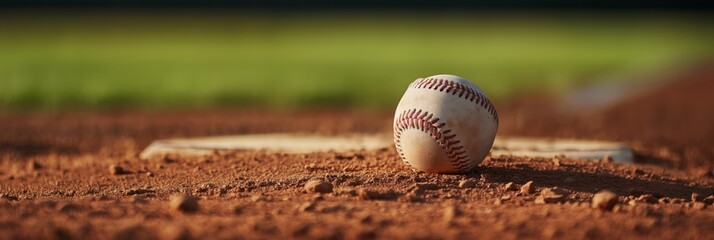 A home plate perspective showing a baseball lying on a dusty pitcher's mound under bright sunlight on a baseball field, embodying sportsmanship.
