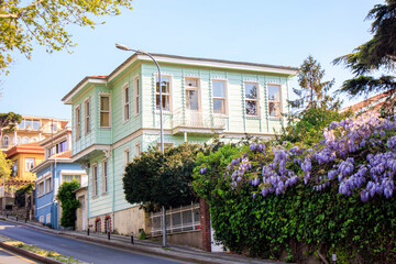 Kuzguncuk old historical houses with flowers ,old historical town uskudar istanbul