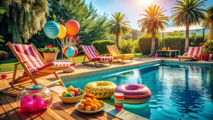 Vibrant poolside setting with colorful floats, lounge chairs, and festive decorations, capturing the essence of a fun-filled gathering on a sunny vacation day.