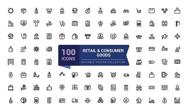 Retail and consumer goods icon set. Related to merchandise, retailers, industrial, goods. Pixel perfect, minimalistic web and UI icon, outline icon collections.