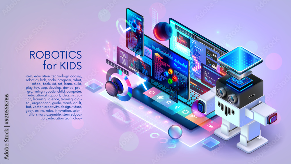 Aufkleber Robotics for kids banner. Kids learning to robotics, coding, AI in online IT school. Engineering courses in internet for kids. Education Kids robot development, robotics technology, coding on laptop.