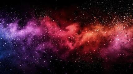 Fototapeta premium An abstract representation of a dust splash in a rainbow spectrum, with the colors blending seamlessly from red to violet. The dust particles appear frozen in mid-air
