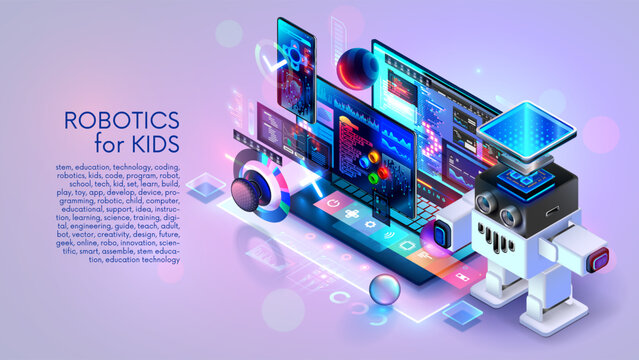 Robotics for kids banner. Kids learning to robotics, coding, AI in online IT school. Engineering courses in internet for kids. Education Kids robot development, robotics technology, coding on laptop.