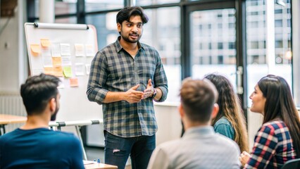 An Indian man presenting a group project, with other students and visual aids in a collaborative university setting.
