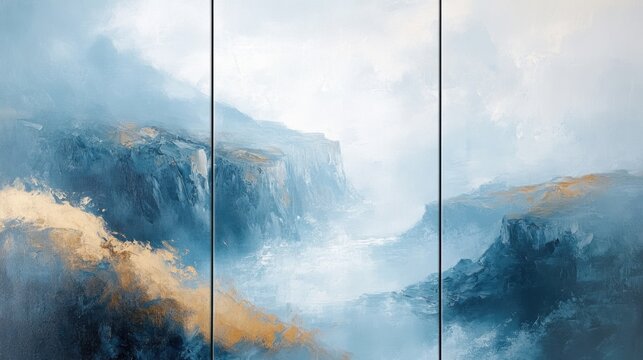 Set of 3 wall art panels with serene coastal cliffs landscape abstract painting on a misty blue background, close up, split into three on white background