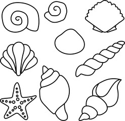 Black and White Flat Vector Illustration of Various Seashells and a Starfish