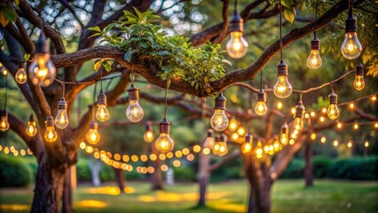 Vibrant outdoor string lights hang from a lush tree's branch, illuminating a serene garden setting, perfect for a romantic wedding ceremony or whimsical evening soiree.