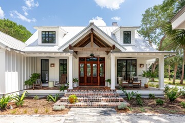 All-white modern farmhouse front porch with dark wood accents, brick pavers on a small patio, sunny Florida setting captured from across the street.