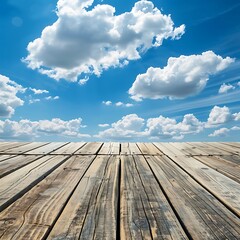 wooden floor against blue sky with white clouds, nature abstract background