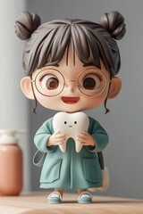 Adorable 3D character holding a tooth model, emphasizing the theme of dental health and care. This charming design showcases a friendly dentist promoting oral hygiene, making it a perfect addition for