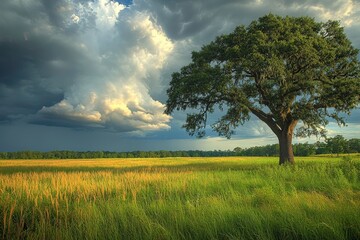 Obraz premium A serene landscape featuring a solitary tree amidst a grassy field under dramatic clouds.