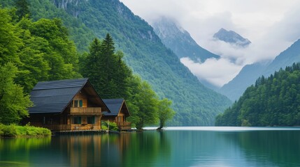 Fototapeta premium A cabin is on a lake surrounded by trees. The cabin is wooden and has a porch. The lake is calm and peaceful.