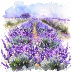 Fototapeta premium A serene lavender field in soft watercolor, showcasing rows of vibrant purple flowers.