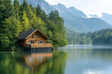 Fototapeta premium A cabin is on a lake surrounded by trees. The cabin is wooden and has a porch. The lake is calm and peaceful.