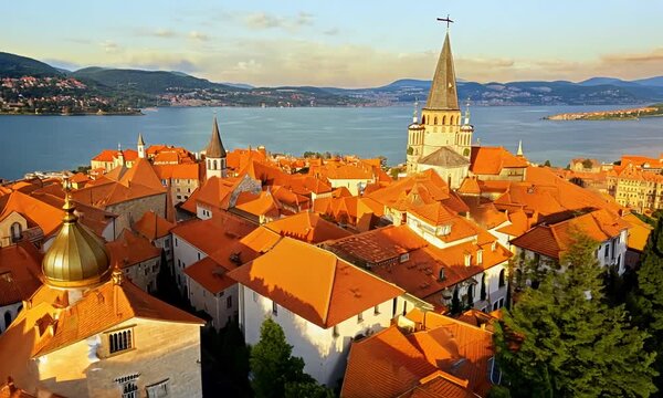 Kastoria Greece beautiful skyline, Lake Orestiada, aerial city buildings orange roof