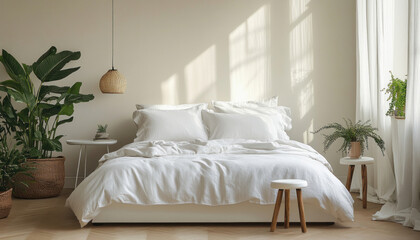 Sunlight illuminating a modern minimalist bedroom with green plants