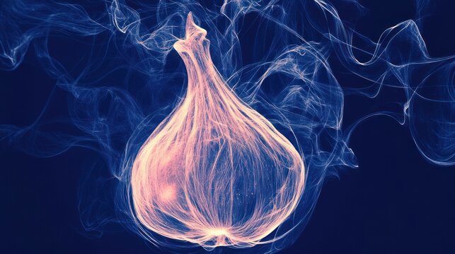 Abstract glowing light in the shape of a pear with delicate blue smoke on a dark blue background.