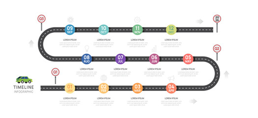 Infographic 2025  road timeline presentation, 12 months. elements diagram template for business. roadmap with car, vector infographics.