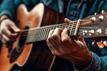 Fototapeta premium This image captures a close-up view of a person's hands playing an acoustic guitar, with detailed focus on the finger positioning on the fretboard and the natural wood grain of the instrument.